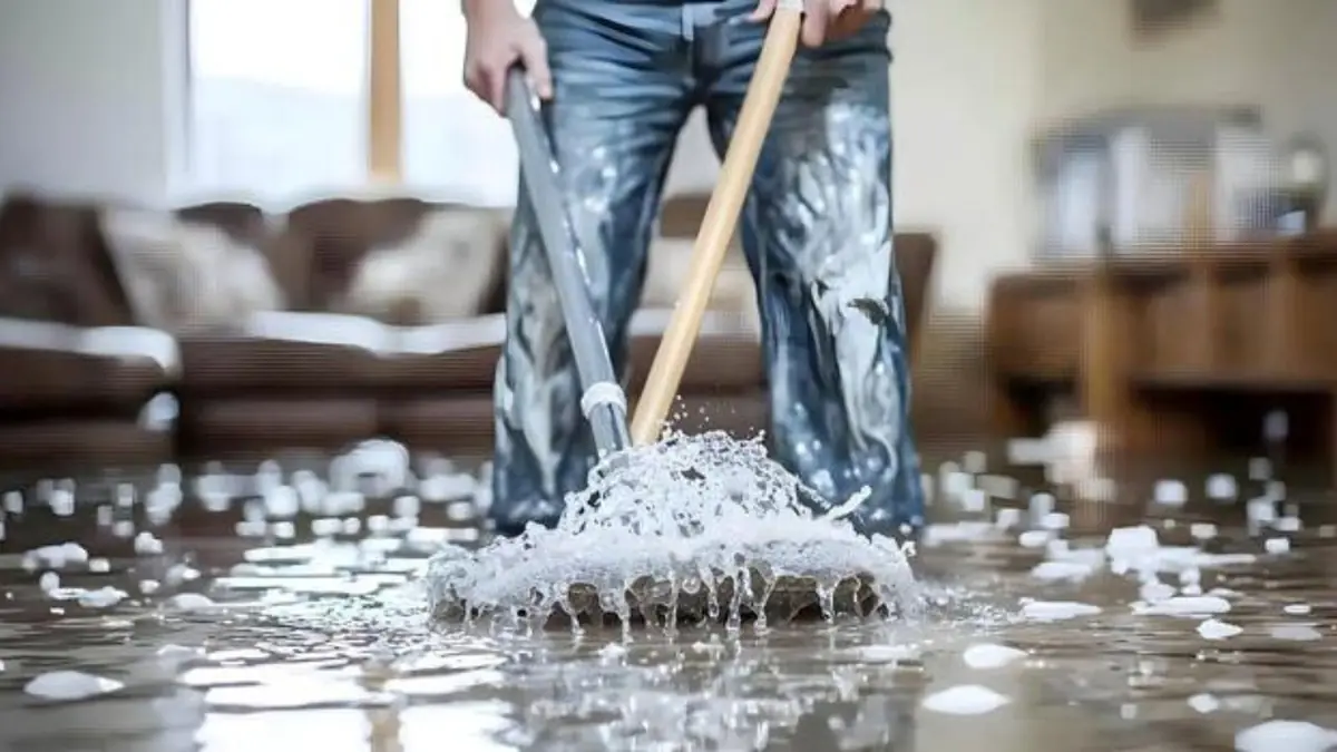 Person mopping a wet floor in a living room
