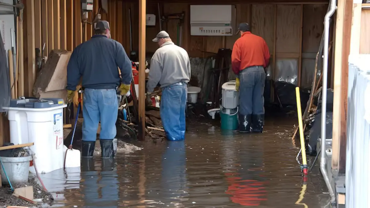 Three people standing in knee-deep water in a flooded basement
