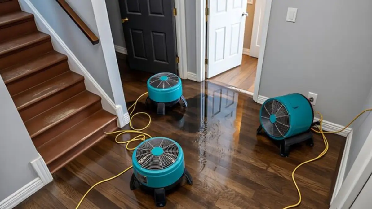 Three air movers drying a hardwood floor next to a staircase