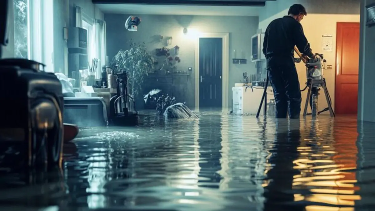 Technician with equipment in a flooded room