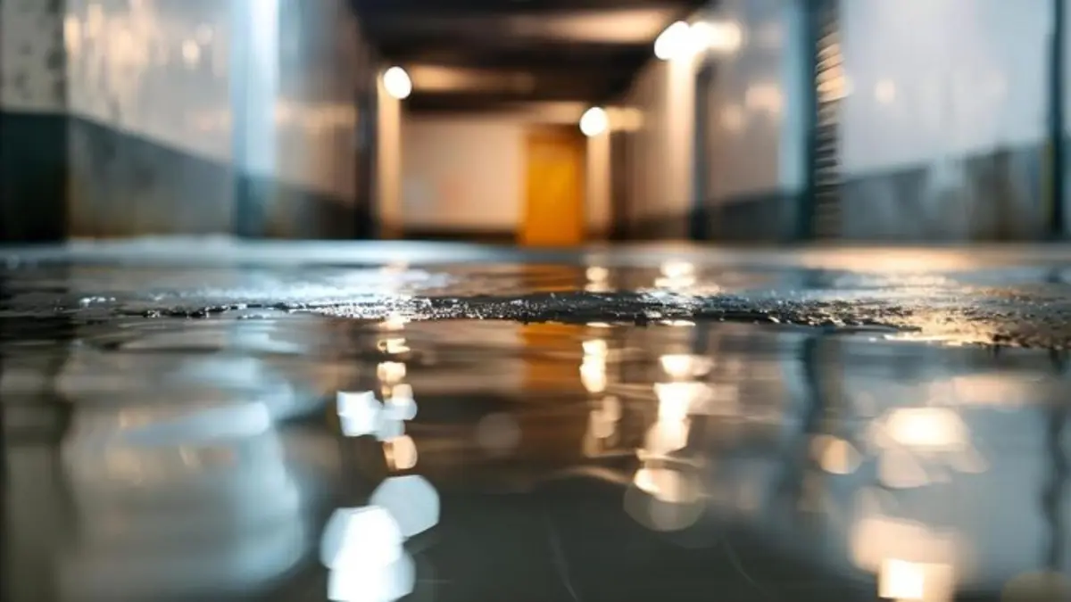 Flooded hallway with water reflecting the lights