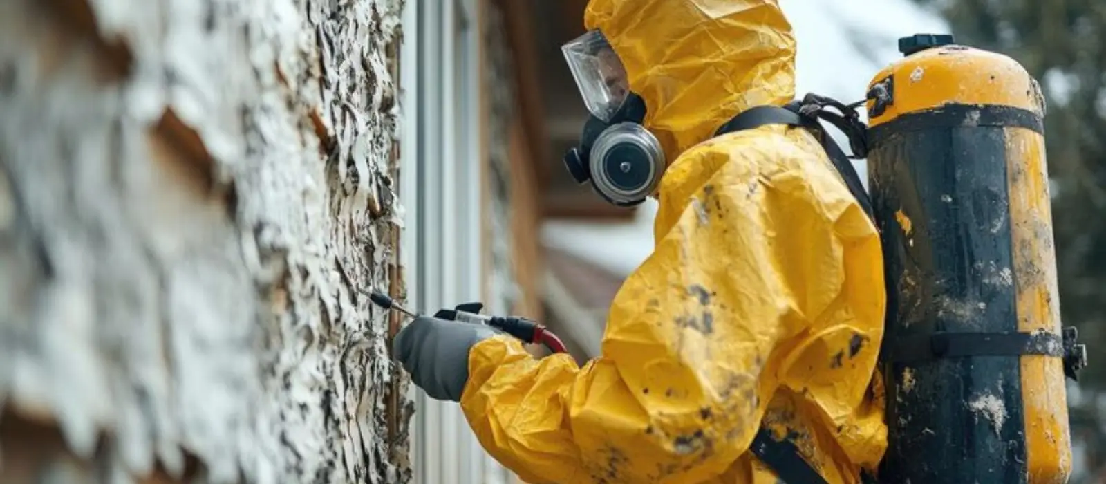 Worker in a yellow protective suit with a respirator and tank treating a mold-damaged wall