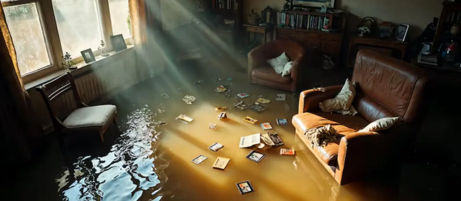 Flooded living room with papers and belongings floating in the water