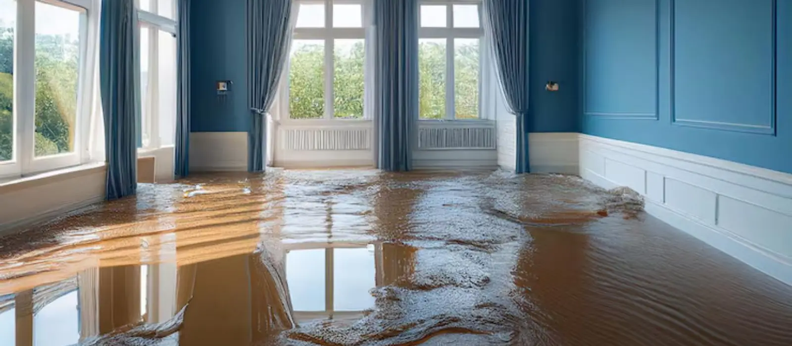 Hardwood floor covered with water in a room with blue walls