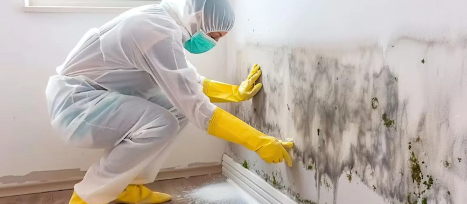 Technician in a protective suit and mask cleaning mold from a wall near the floor