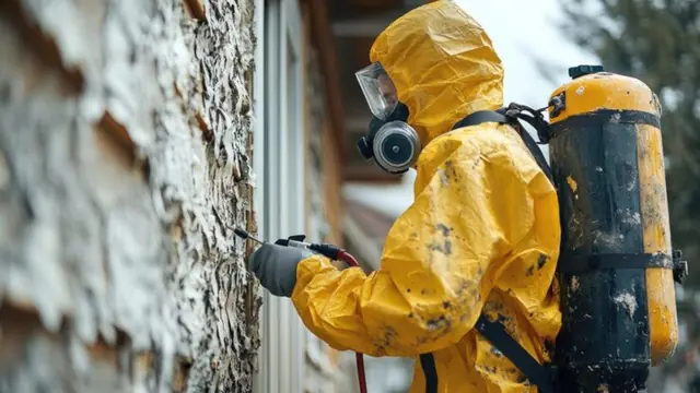 Worker in a yellow protective suit with a respirator and tank treating a mold-damaged wall
