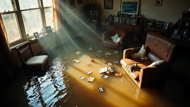 Flooded living room with papers and belongings floating in the water