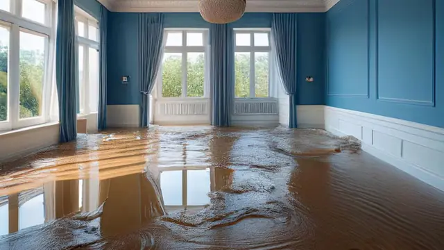 Hardwood floor covered with water in a room with blue walls